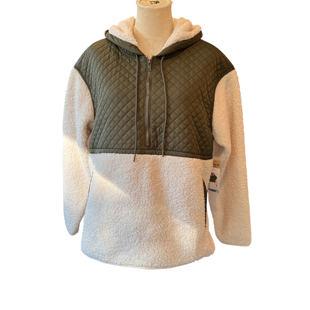 Bearpaw Womens XL Half Zip Pullover Hoodie Sherpa Quilted Olive Green White